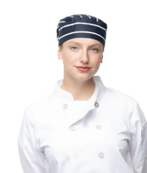 Chefs skull hat blue & white butchers stripe